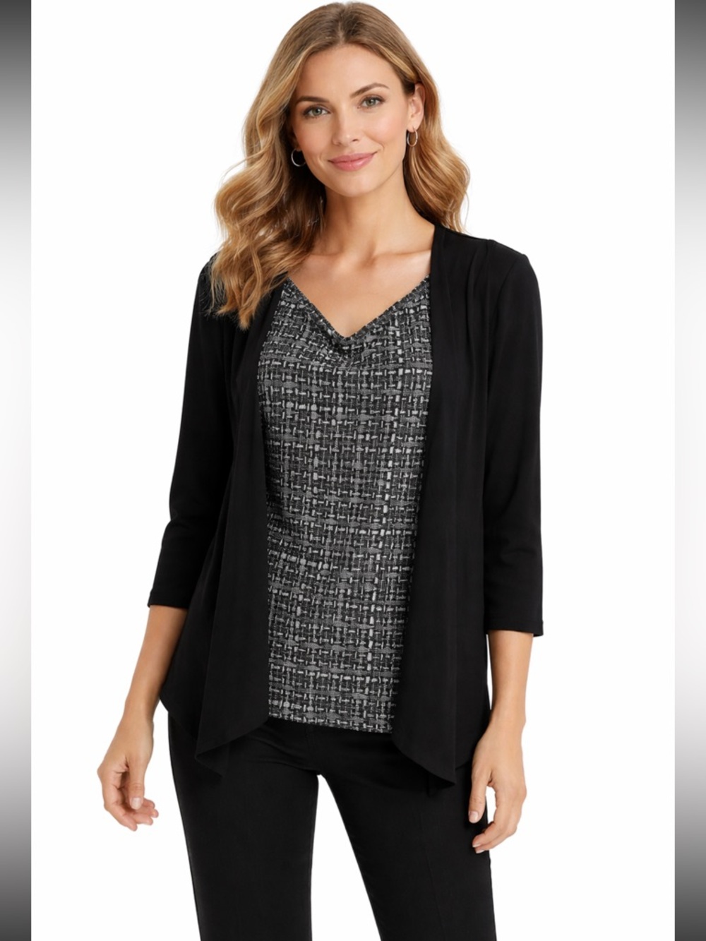 Rafaella Black & White Faux Layered 3/4 Sleeve Work Top — Size M